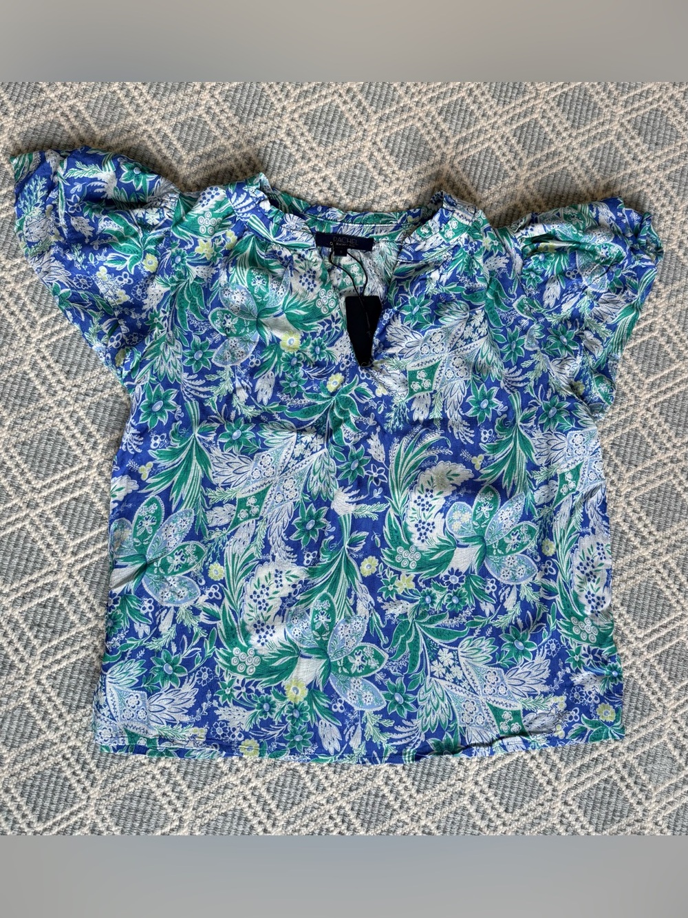 RACHEL Rachel Roy Blue & Green Floral Short Sleeve Blouse